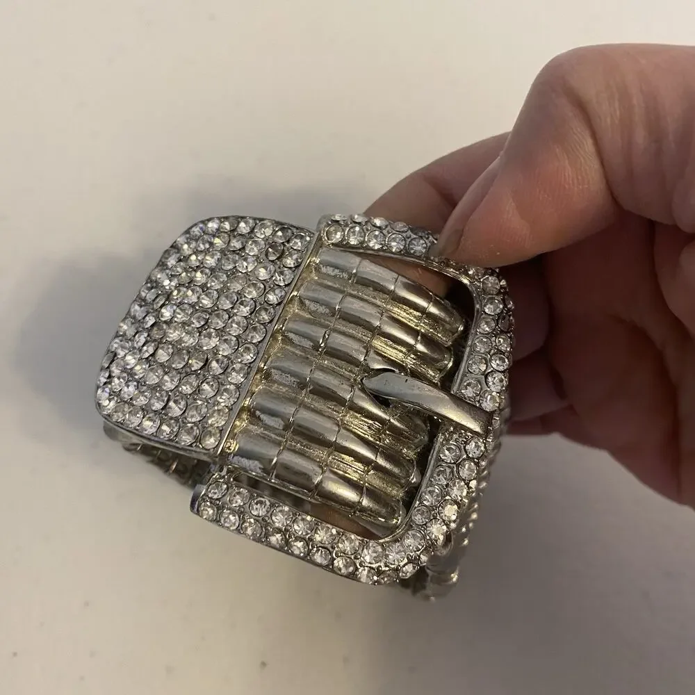 VTG Chunky Costume Silver Tone Rhinestone Stretch Bracelet Rockstars Steampunk